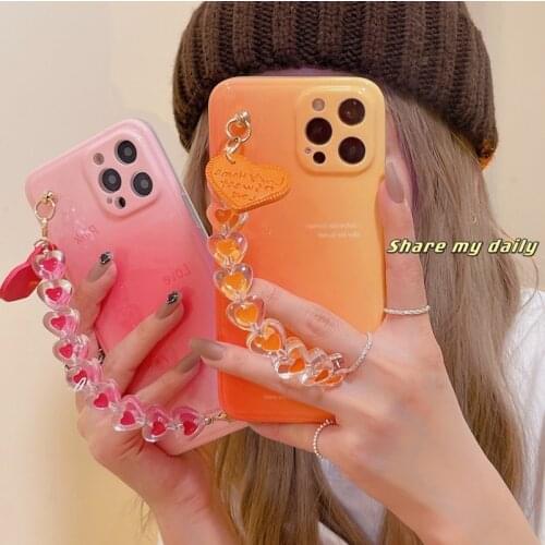 Gradient Rainbow Love Heart Candy Color Wrist Strap Holder Cases for Iphone 12 Pro Max 8 7 6 Plus Coque Instagram Funda