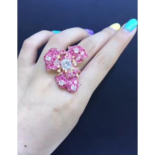 Cocktail ring cubic zircon flower ring silver with cubic zircon cute fine women jewelry adjustable size free shipping