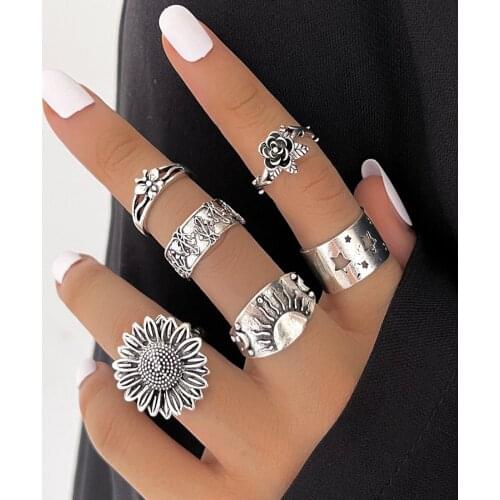 DIEZI New Vintage Punk Knuckle Joint Rings Set For Women Fashion 2021 Hip Hop Flower Star Butterfly Finger Rings Girls Jewelry