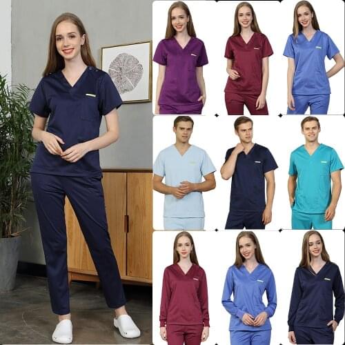 Unisex Silky Scrub Uniform Nursing Workwear Solid Color Scrubs Set Anti-static Top and Pant V Neck Working Suits 301-5
