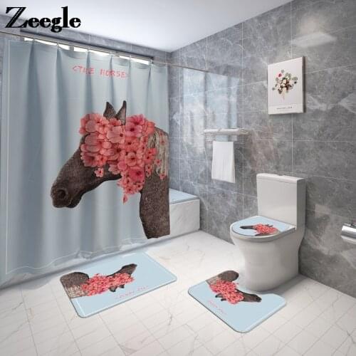 Animal Printed Bath Mat and Shower Curtain Set Microfiber Bathroom Carpet Toilet Seat Cover Mat Bathroom Non-slip Foot Mat Set
