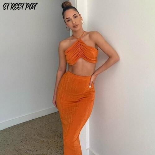 Summer Sexy Club Two Piece Outfits Backless Stacked Halter Crop Top Split Long Midi Skirt Matching Set Skinny Festival Clothing