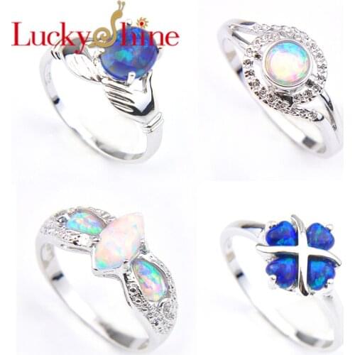 Luckyshien Rings Set for Women 4Pcs White Blue Fire Opal Oval Marquise Cut Engagement Heart Rings Jewelty