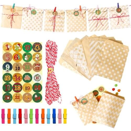 24set Retro Kraft Paper Bags Creative Biscuit Candy Bags Christmas Advent Calendar Gift Packaging Bags with Clips Stickers Cotto
