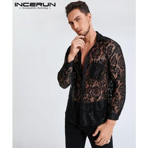 Men Lace Shirt Lapel Long Sleeve Mesh Transparent 2021 Streetwear Party Nightclub Tops Pockets Sexy Camisa Masculina INCERUN 7