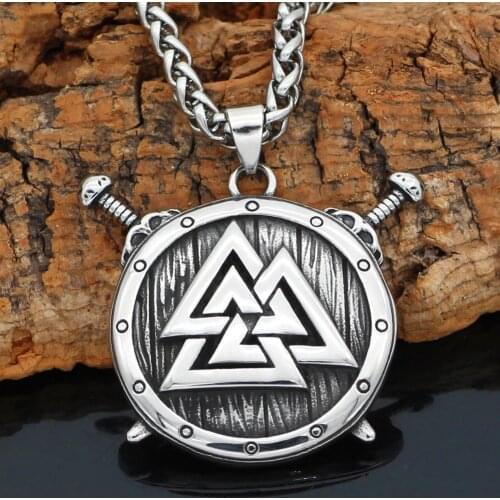 Men Nordic viking Shield Sword Valknut Talisman Rune necklace stainless steel with viking gift bag