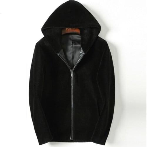 Real Fur Coat Men Sheep Shearing 100% Wool Jacket Plus Size Short Autumn Winter Jacket Men Hooded leather KFS18M211 KJ2183