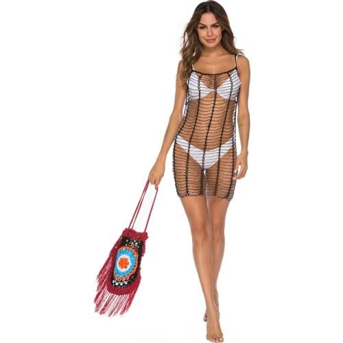 H80&S90 New 2019 Women Handmade Crochet Grid Hot Drilling Rhinestone Cover Up Ladies' Beach Bikini Swimsuit Dress Tank Top