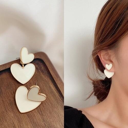 New Fashion Heart Drop Earrings For Women White Enamel Double Heart Korean Jewellery Hanging Female Earrings 2020 Girls Gift