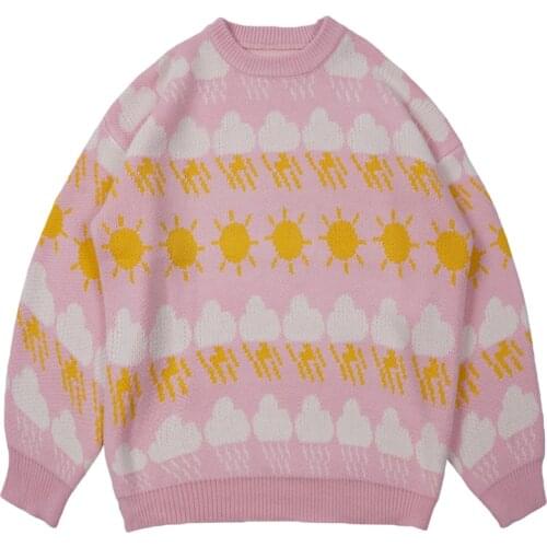 Autumn Winter Vintage Y2K Sun Cloud Pink Knitted Pullove Sweater Women O-Neck Knitwear Casual Loose Oversized Outwear Female Top