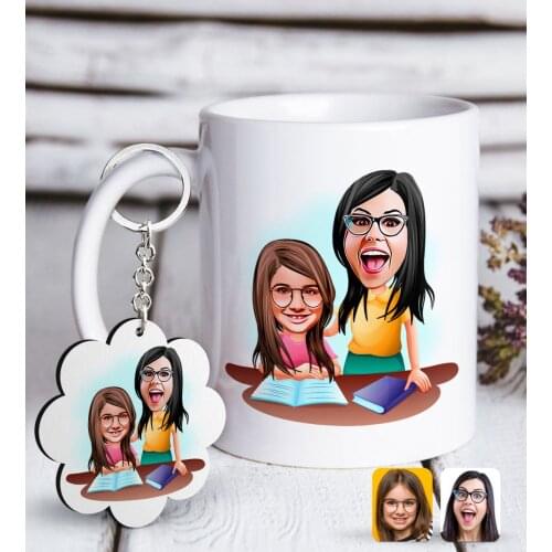 Personalized Mother Girl Caricature Of White mug And Keychain Gift Seti-1