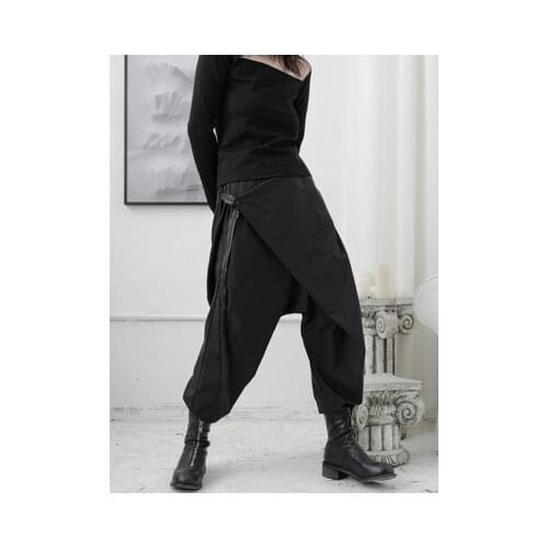 Home-made dark black harem pants asymmetrical irregular trousers goth minority design feeling Japanese fashion