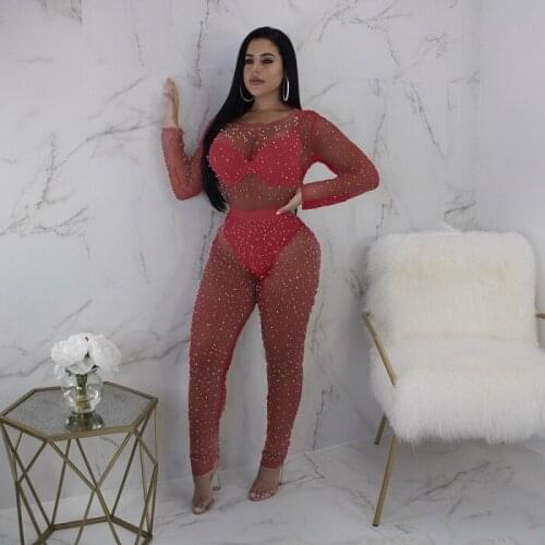Beading Embellished Sexy Jumpsuit Feme Red Mesh Splice See Through Night Club Slim Romper O Neck Full Sleeve Long Overalls