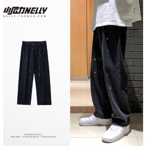 Guochao Street hip hop splash ink accumulation straight pants five pointed star embroidery jeans loose mens and womens alike