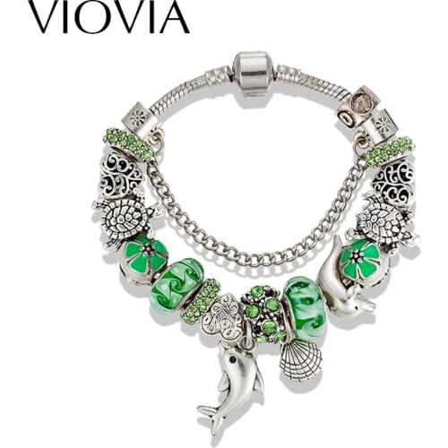 VIOVIA Fine Beads Jewelry Silver Color Dolphin Bead Green Crystal Charm Bracelets For Women Original DIY Jewelry Gifts B16060