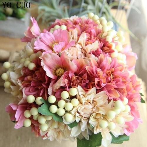 YO CHO Artificial Flowers Real Touch High Quality Dahlia Coreopsis Berry Bouquet Flower For Wedding Garden Home Festival Decor