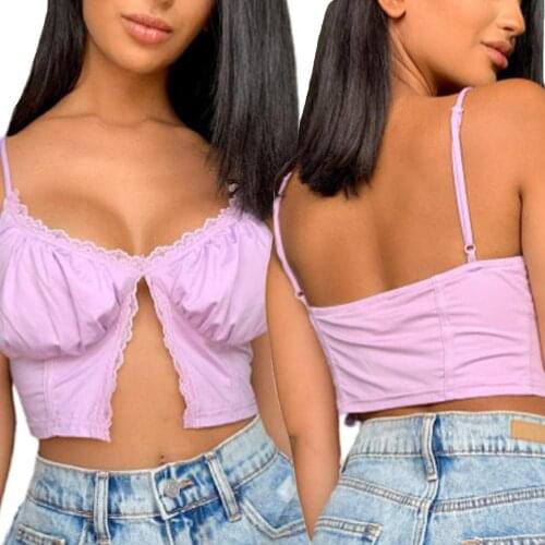 Womens Lace Trim Camisole, Trendy Sleeveless Spaghetti Strap Solid Color Open Front Crop Cami Tops