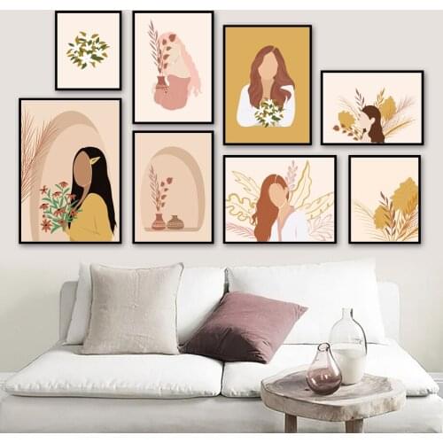 Girl Vase Leaf Daisy Abstract Wall Art Canvas Painting Nordic Posters And Prints Wall Pictures For Living Room Bohemian Decor
