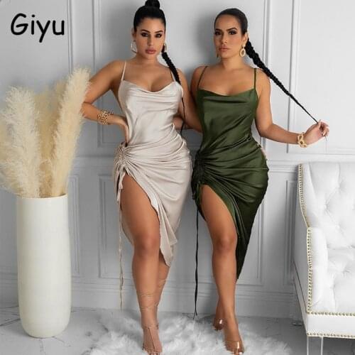 Giyu Irregular Satin Dress Women Club Party Sexy Spaghetti Strap Backless Drawstring Ruched Dresses 2021 Summer Elegant Vestidos