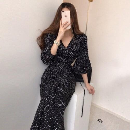 Polka Dot Print Summer Dress Women Lantern Sleeve Bohemian Long Midi Dress High Waist Vintage Party Dress Plus Size V-Neck C040