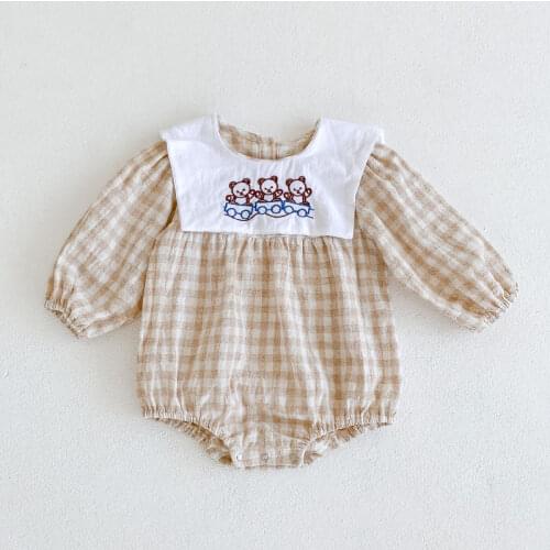 0-2Y Toddler Baby Romper for Girl Cute Embroidery Bodysuit 2021 Autumn New Long Sleeve Plaid Kids Clothes Girls Outfits