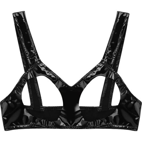 Womens Lingerie Tanks Tops Shiny Wetlook Leather Sleeveless Open Bra Nipples Open Cup Bra Underwear Black Sexy Vest Crop Tops