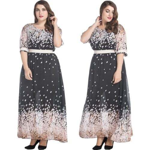 Boho Plus Size Women Muslim Abaya Maxi Dress Summer Floral Printed Half Sleeve Chiffon Long Party Kaftan Gown O-neck Fashion New