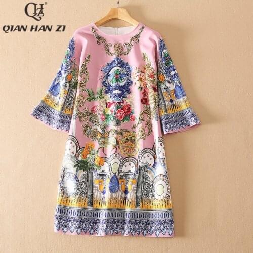 Qian Han Zi designer fashion spring summer new womens retro loose dress vintage print High-end custom beaded Diamonds dress