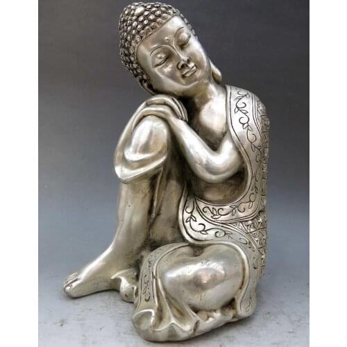10" China silver handwork carved fine luck thinker buddha sculpture Statue