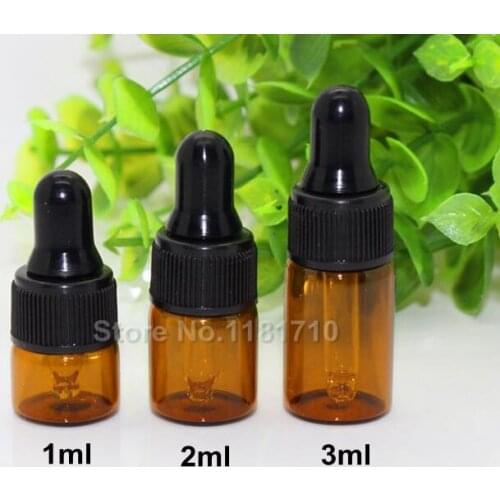 100pcs/lot 1ml 2ml 3ml amber glass bottle with aluminum cap and black rubber bulb,essential oil bottle container