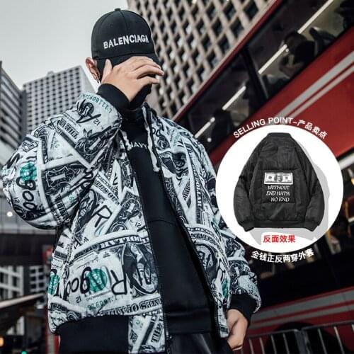 18 New Pattern Trend Short Both Sides Cotton-padded clothes Thickening Loose Hip-hop printing casual male Long sleeves Coat