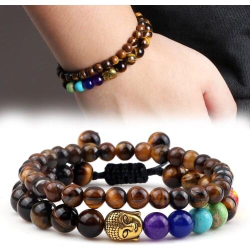 2Pcs/Set 7 Chakra Buddha Head Bracelets&Bangles Natural Black Lava Tiger Eye Onyx Stone Strand Bracelet Men Women Couple Jewelry