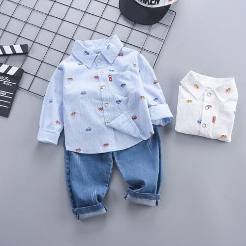 Autumn Baby Boys Clothing Sets Cartoon Car Lapel Collar Shirts Tops + Denim Jeans Trousers Casual Children Kids 2Pcs Suits