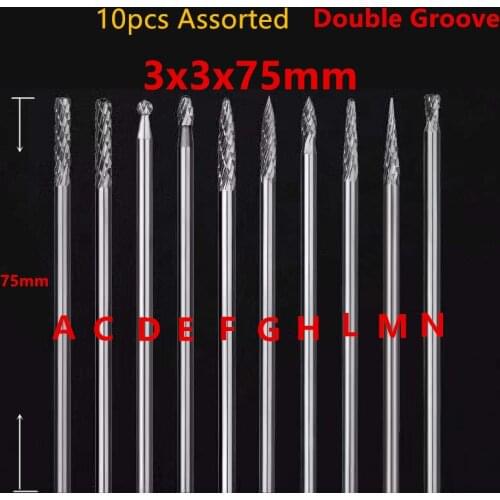 10pcs Assorted 3x3x75mm extend long solid tungsten carbide burrs grinding abrasive tool for dremel grinding point rotary tool