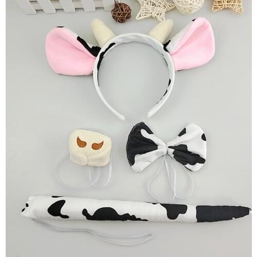 Toddler Kids 4Pcs Cartoon Animal Cosplay Costume Accessories Set Cow Horn Ears Headband with Plush Tail Bow Tie Nose Halloween P