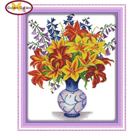 GG Yellow Lily Vase Flower Style Joy Sunday Needlework Embroidery Sets Craft Handmade Stamped Cross Stitch Kits for Home Decor