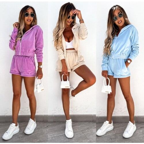 Women’s 2 Piece Tracksuits Outfits Long Sleeve Solid Zip Up Hoodie Sweatshirt + Wide Leg Shorts Set Female Fitness Sportwear