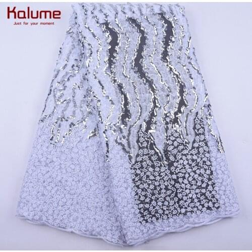 Kalume Pure White African Sequins Lace Fabric Latest French Mesh Nigerian Tulle Lace Fabric With Sequins For Wedding Party 2047