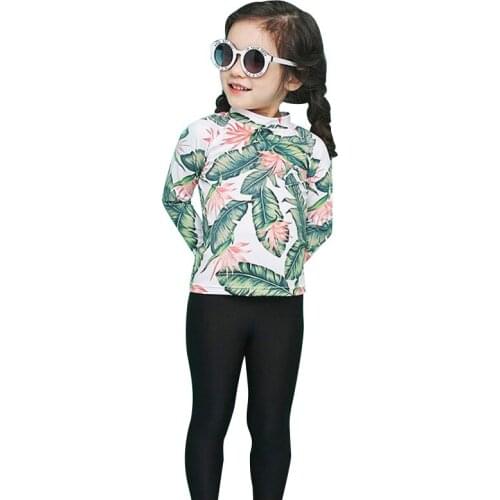 Summer Quality Swimwear Boys Girls Two Pieces Swimsuit Baby Long Sleeve Leaf Pants Printed Bathing Suit Kids Swimwear