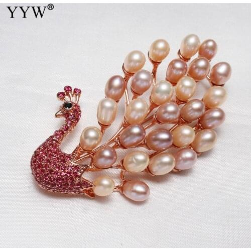 Fashion Freshwater Pearl Brooch For Women Peacock Rose Gold C Crystal Jewelry Rhinestone 5-6mm Pearls Jewelry Gift