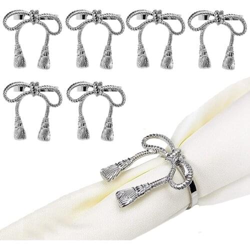 Hot Sale Bowknot Silver Leaf Napkin Rings Set of 6, Napkin Holder Ring for Birthday Party Festival Wedding Table Decoration
