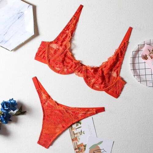 New Sexy Lingerie Deep-V Floral Embroidery Underwear Push Up Underwire Bra Transparent Erotic Brief Sets Intimate Wholesales