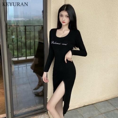 Real shot 2021 Summer Fall Korea Style fashion O-Neck Slim sexy Women short-sleeve waist high split letter dress Girl Vestidos