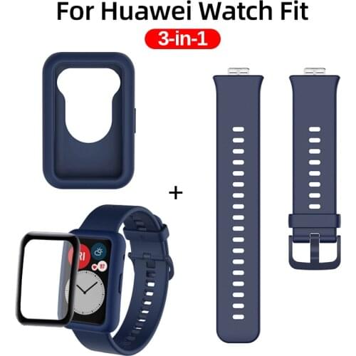 3in1 silicone wrist strap For Huawei Watch fit band Smart watch case protector cover soft fibreglass screen protective film capa
