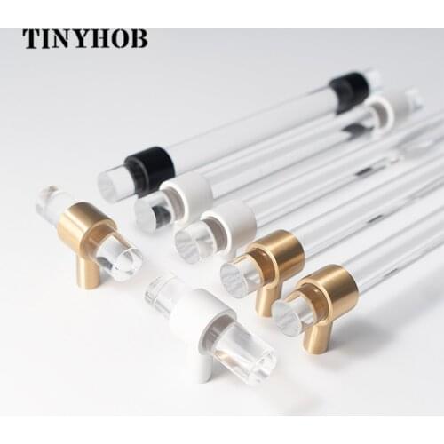 Various Sizes Transparent Acrylic+brass Drawer Knobs White T bar Handle Bathroom Pulls Kitchen Cabinet Door Handle Pull