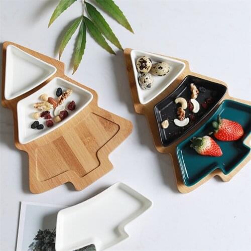 Christmas Tree Plates Dishes Ceramic Bamboo Tray Snack Serving Plate Full Set Fruit Bowl Dish Plate Tableware Breakfast Tray