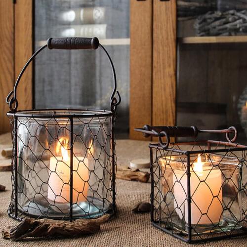 Iron Candle Holders Glass Retro Candlestick Candle Lantern Vase Candles Hollow Decoration Christmas Bougeoir Wind Lamp FC194