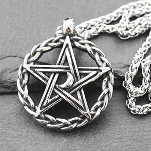 Retro Woven Double-sided Moon Pentagram Pendant Mens Necklace Personality Trendy Domineering Sweater Chain Jewelry Accessories