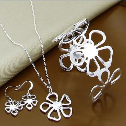 Top Quality 925 Sterling Silver Fashion Elegant Plant Flower Necklace Earrings Bangles Set Female Women Jewelry