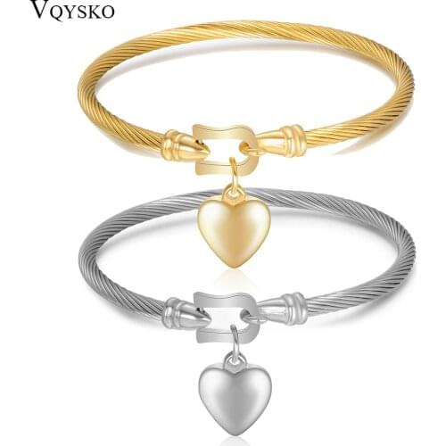 Cable wire Open Bangle Bracelets Stainless Steel Love Heart Charm Bracelet For Women Friendship Gift